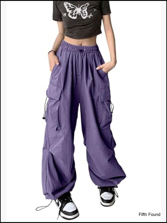 Women's Baggy Cargo Pants High Waist Wide Leg Hiking Trousers Loose Fit - Picture 5 of 7